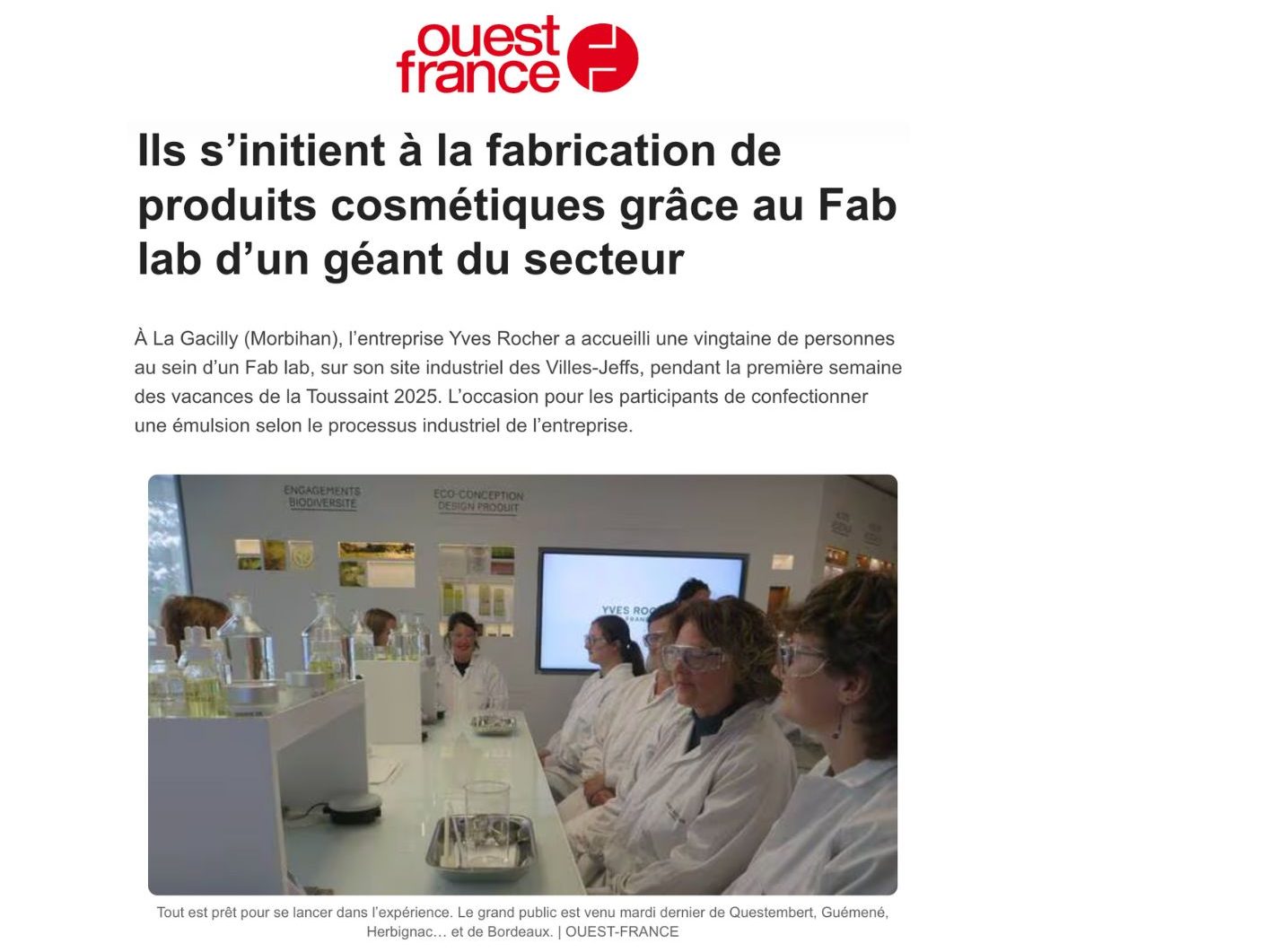 Article Ouest France Fab Lab Yves Rocher